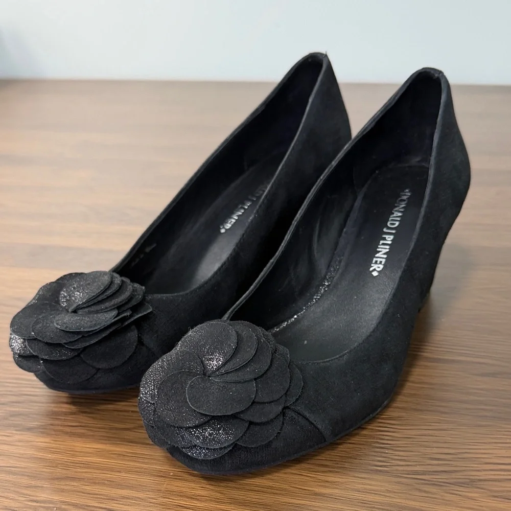 Donald J. Pliner Black Suede‎ Wedge Shoes with Floral Accent